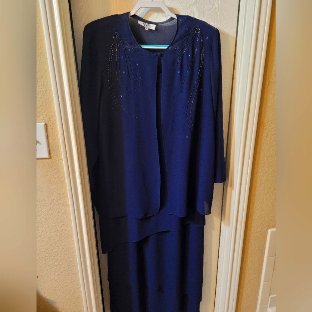 Patra navy floor length navy dress with sheer sequin jacket